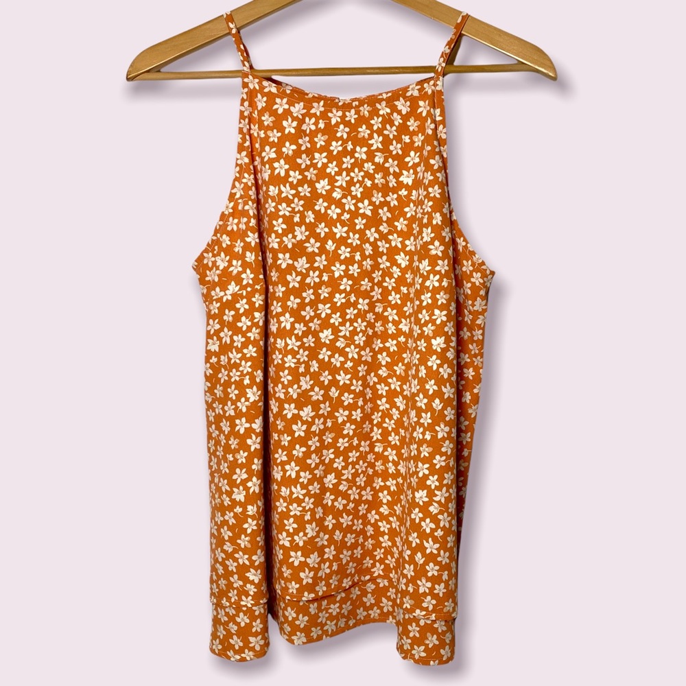 Francesca’s blue rain raynelle orange floral sleeveless blouse